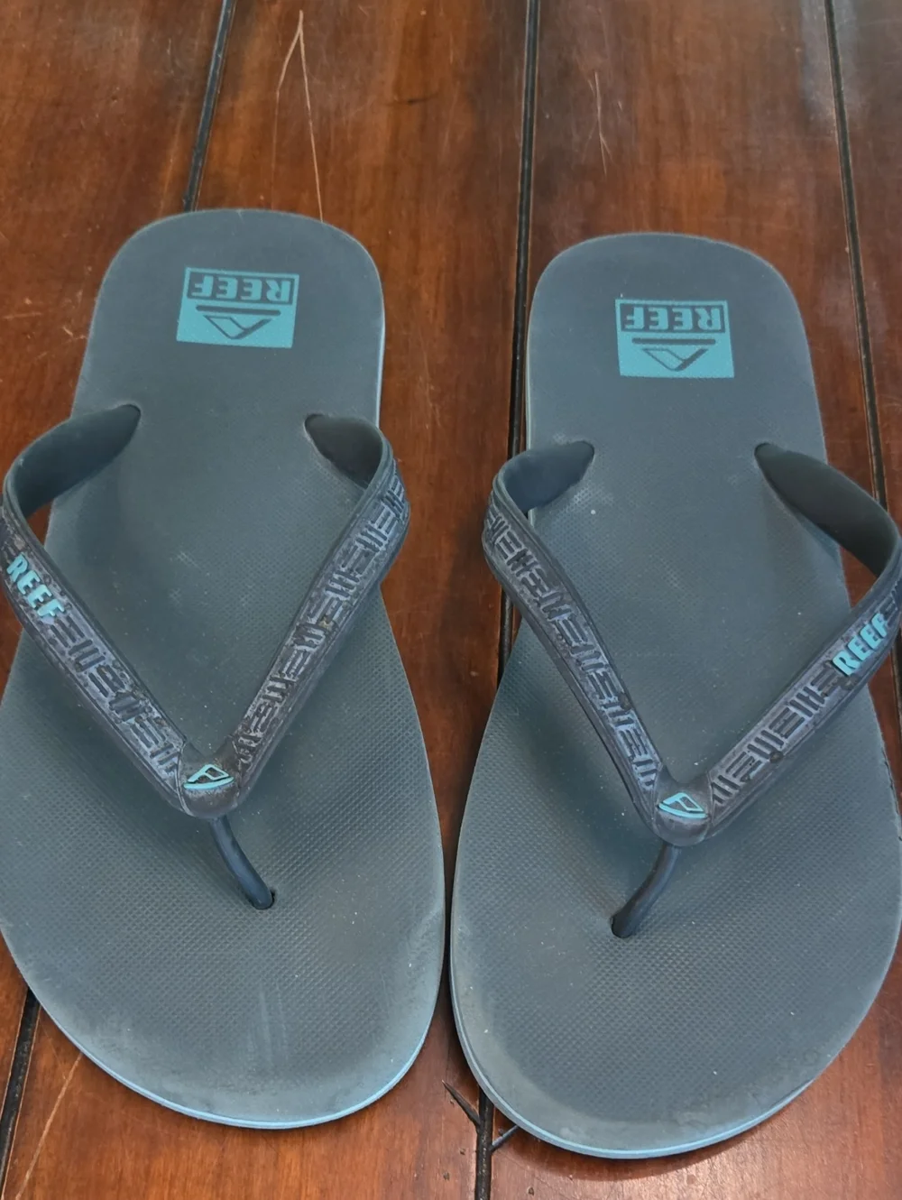 Reef Black Flip Flops with Teal Logo Accents